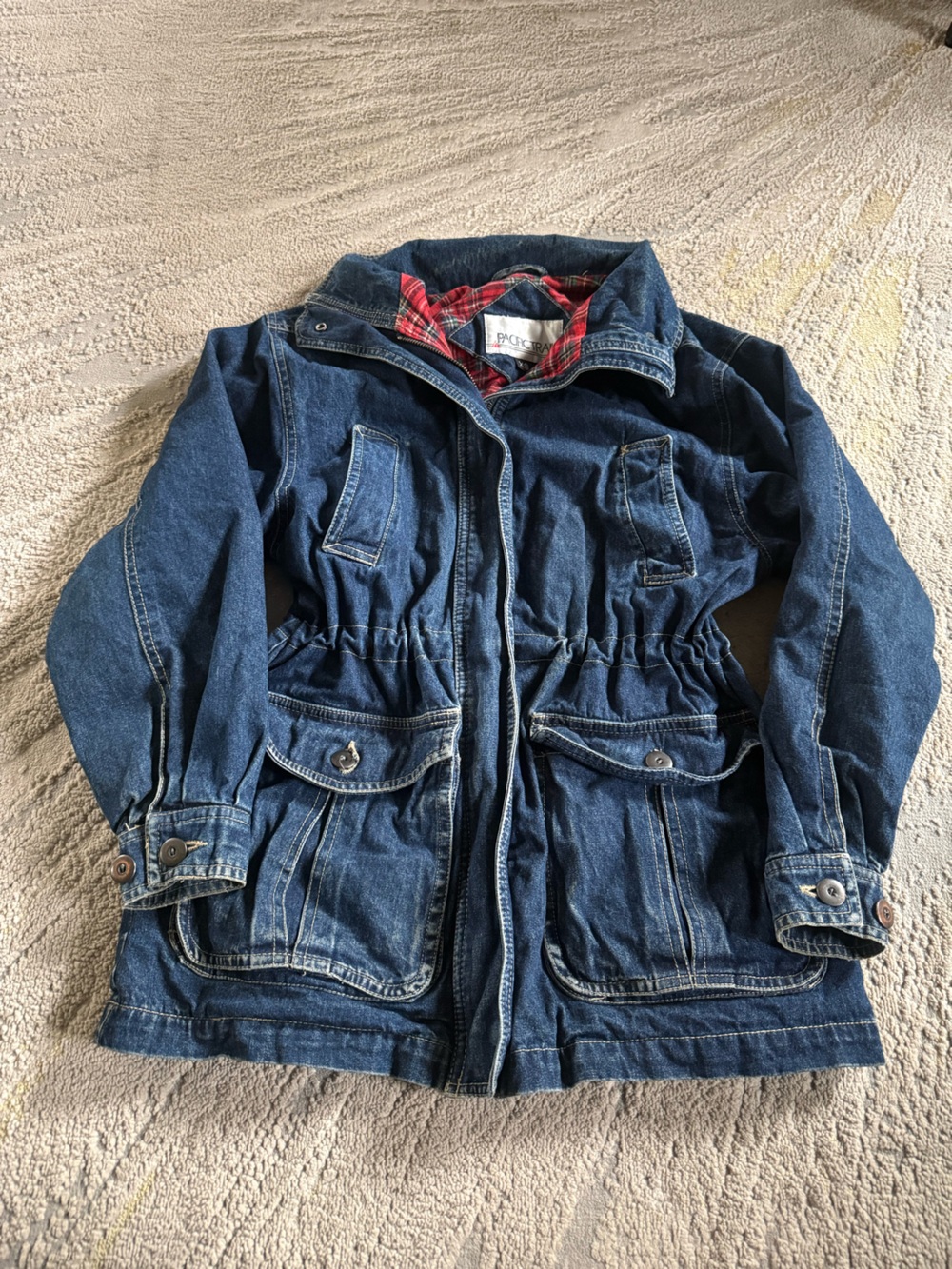 Vintage denim Jean barn jacket Red Plaid Quilted Lined Jacket XS